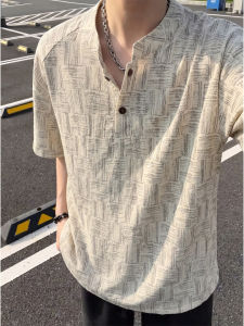 ZHUOCAN | Henry Collar Dyeing Check Short Sleeve T-Shirt Thin Style