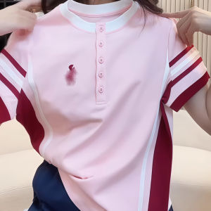 Pure Cotton Short Sleeve T-Shirt Womens Half Collar Print Casual Striped Top Korean Style Summer New Fashion Anti-Wrinkle