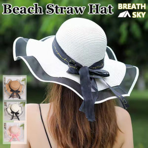 Straw Hat Female Summer Ribbon Sunlock Hat with Wind Rope for Beach Seaside