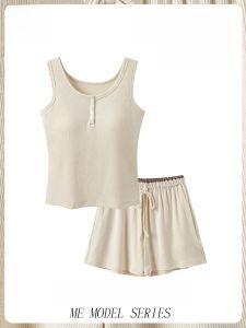 MiiOW | Womens Ice Silk Sleepwear Sleeveless Home Clothes Set 2025 New Summer Style With Chest Pad Simple Design Can Be Worn Outside