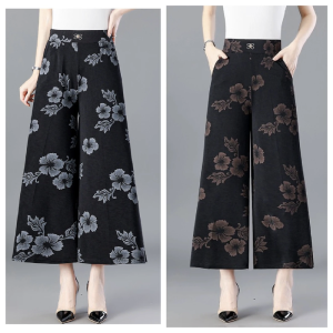 กางเกงกระโปรงยาวครึ่งตัวลายดอกไม้สำหรับผู้หญิงในช่วงฤดูร้อน กางเกงขายาวทรงหลวม ไซส์ใหญ่ ชุดลำลอง ชุดแม่ ผ้าไหมน้ำแข็ง ความยาว 9 ฟุต