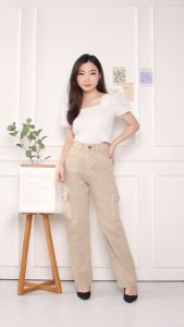 WINAGA - HighWaist Cargo Loose Jeans Polos Celana Panjang Cargo Jeans Wanita