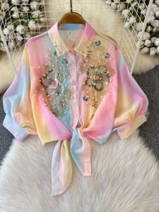 Áo Chống Nắng Màu Cầu Vồng Cho Nữ Áo Sơ Mi Ngắn Thắt Nút Bướm Áo Sơ Mi Mỏng Nhiều Hạt Sequin Hoa Áo Sơ Mi Phong Cách Đường Phố Mùa Hè
