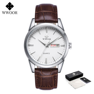 WWOOR นาฬิกาบุรุษธุรกิจแนวสปอร์ตวันวันที่อนาล็อกนาฬิกาควอทซ์ชายนาฬิกาคาดเอวลำลองหนังสีน้ำตาลเข้มแบรนด์ชั้นนำที่หรูหรา