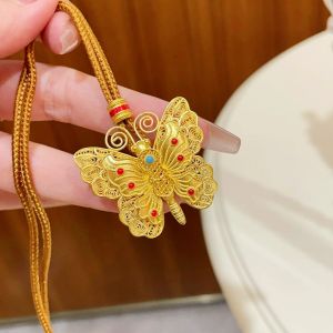 Enameled Butterfly Necklace Womens Fashion Gold Color Flower Silk Autumn Winter Sweater Chain Accessory Pendant Jewelry