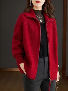 Spring Autumn Cashmere Open Cardigan Womens Pure Color Loose Long Sleeve Turn-down Collar Knitted Sweater Outerwear Versatile Thick Korean Style