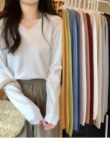 Autumn New Style Womens V-neck Long Sleeve Knitted Sweater Loose Inner Wear Base Layer Shirt Warm Top Pure Color Basic Model