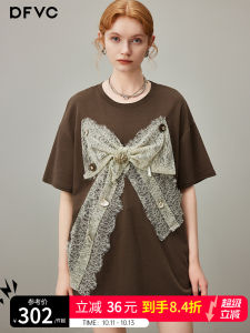 DFVC Fashion Casual round Neck Short Sleeve T-Shirt Womens Summer New Butterfly Knot Lace Loose Top Thin Cotton Blend