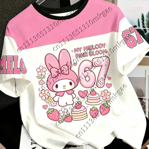 52TOYS | Girls Kawaii My Melody Contrast T-shirt Round Neck Short Sleeve Cartoon Cake Strawberry Print Number 67 Kids Daily Wear Tops