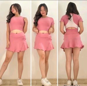 Setelan Rok Saku Crop kombinasi Tile untuk senam gym fitness zumba