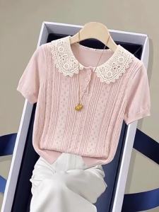 Slimming Youthful Lace Hollow Out Peter Pan Collar Women Knit Top