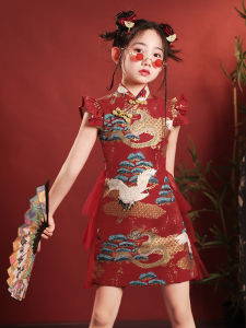 Red Chinese Style Childrens Cheongsam Dress 2025 New Autumn Runway Performance Costume National Trend Small Formal Dress