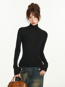 เสื้อสเวตเตอร์ถักคอสูงแขนยาวสีดำสไตล์อเมริกันสำหรับผู้หญิง เสื้อชั้นในทรงเข้ารูป ทรงเข้ารูป ฤดูใบไม้ร่วง/ฤดูหนาว