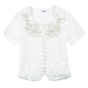 Impression Fashion Women Lace Embroidery Beaded Short Sleeve Tunic Cropped Sun-protective Cardigan Jacket Plus Size