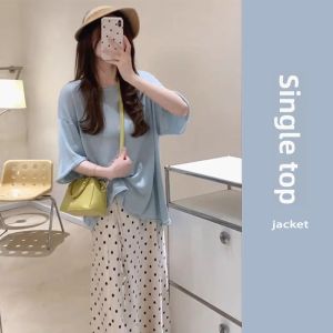 YUEZHONGWEI | White Round Neck Ice Silk Linen Knitted Short Sleeve T-Shirt Women Summer Loose Fit Half Sleeve Top Comfortable Breathable