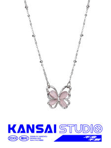 Kansai Pink Cats Eye Stone Butterfly Necklace Fashionable Sweet Cool Personalized Design out water Pearl Titanium Steel Chain for Women