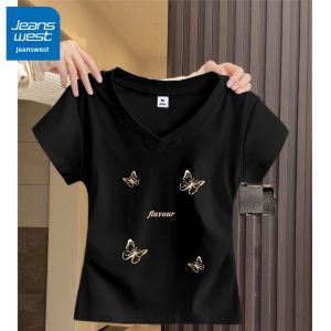 Jeanswest | Black V-neck Design Stylish Short Sleeve T-Shirt for Petite Women