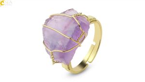 CSJA Natural Crystal Stone Rings Irregular Wire Wrap Women Men Healing Amethysts Fluorite Gold-color Resizable Quartz Ring G339