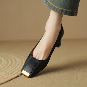 Retro Metal Head Square Toe Chunky Heel Shoes Pure Color Mid Heel หนัง Shoes Splicing ของแท้ หนัง รองเท้าส้นสูง