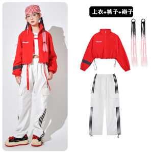 ชุดแจ๊สฮิปฮอปสำหรับเด็กผู้หญิง ชุดเต้นรำสีแดงสั้น ชุดการแสดงสำหรับเด็ก ชุดแฟชั่นฤดูใบไม้ผลิ ชุดเต้นรำสตรีท ชุดแจ๊สฮิปฮอป