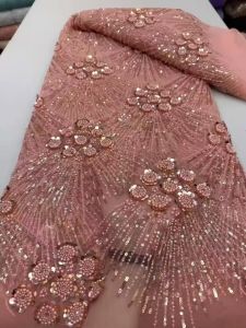 Vải Ren Pháp Đính Hạt Vàng 5 Thước Lưới Sequin Cao Cấp Dành Cho Váy Cưới Nữ Phong Cách Châu Phi Lưới May Nigeria