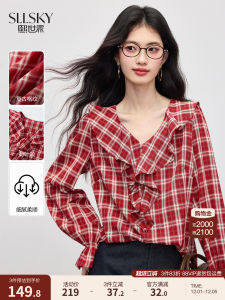Red Plaid Long Sleeve Womens Shirt Spring Autumn New Design Casual Loose Fit Floral Collar Online Exclusive Polyester Fiber