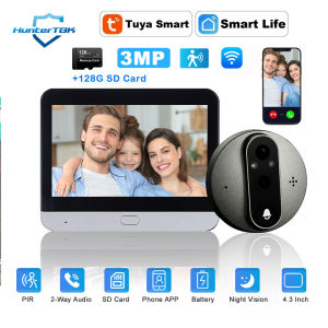 HunterTBK | 3MP Wi-Fi Peephole Camera Smart Video Doorbell Tuya Digital Door Viewer with 5000mAh PIR Detection Smart Life Door Bell