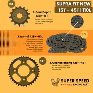 Gear Set Supra Fit New | Supra X125 | Karisma | Revo Lama Paket Lengkap Gir Depan 15T Belakang 45T Panjang 110L Rantai 428H High Tension