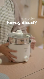 freemir Panci Listrik Dengan Pegangan Tunggal Panci Listrik 2 Layer 17.5cm Steamer Elektrik 1.2 L Putih