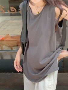 เสื้อกั๊กแขนกุดคอวีผ้าฝ้ายแท้สำหรับผู้หญิงในช่วงฤดูร้อน ทรงหลวม ทรงสามเหลี่ยม 3 มิติ เสื้อผ้าทำงานแบบลำลอง