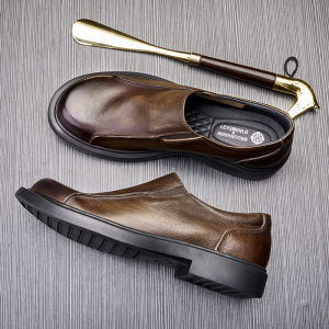 Mens Casual Leather Slip-On round Toe Soft Leather Bean Shoes Comfortable Breathable Loafers Single Shoes Sporty Outdoor