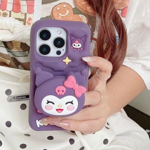 Sanrio | 3D Cartoon Purple Kuromi Stand Phone Case For iphone 17 16 15 14 13 Pro Max Plus Matte Shockproof Protective Silicone Soft Cover