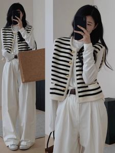 Black White Striped Sleeveless Knitted Vest Outerwear Womens Spring Autumn Open Cardigan Outerwear Sweater Vest Commute Style