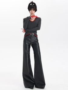 Black PU Leather Flared Pants High Waist Long Loose Fit Womens Casual Trousers Personality Versatile High Waist Slimming Elastic Floor-Length