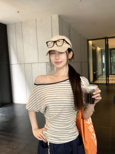 Off-shoulder Striped Short Sleeve T-Shirt Womens Top