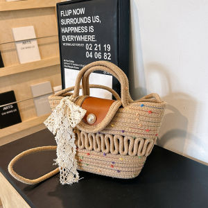 Rustic Pearled Buckle Woven Handbag Beach Vacation Style Basket Bag Single Shoulder Bucket Shape Soft Natural Material Large Size