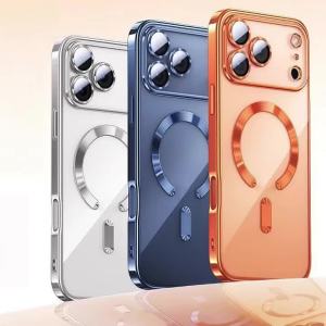 Fashion Orange Magnetic Clear Case For iPhone Air 17 16 15 14 13 12 Pro Max Plus For MagSafe Wireless Charge Plating Soft Cover