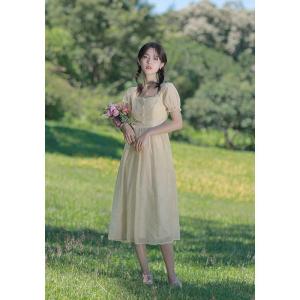 ELF TRIBE Hepburn Small Fragrant Style Embroidery Pearl Buckle Square Neck Bubble Sleeve French Dress for Women