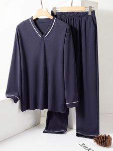 Men Dralon Thickened V Neck Homewear Suit Winter Fleece-lined Self-Heating Long Sleeves Pajamas Casual plus Size Two-Piece Suit