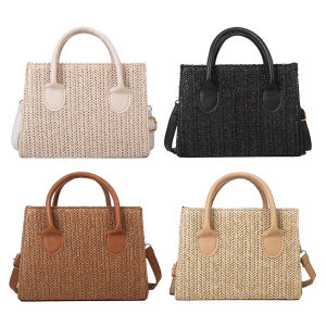 กระเป๋าสะพายข้างสำหรับผู้หญิงใส่ฤดูร้อนทำจากหนัง PU พร้อมสายรัดปรับได้และลวดลายฟางสำหรับใช้ในชีวิตประจำวันและวันหยุด