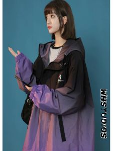 Womens Loose Fit Windproof Baseball Jacket Spring Gradual Color Fleece Hooded Coat Street Style Long Sleeve Zipper Closure