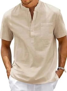 king billion | Cotton Linen Shirt Men Henley Neck Pocket Casual Beach Short Sleeve Solid Color Male Tops T-shirts Vintage Streetwear