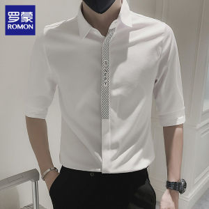 Romon Mens Summer Thin Short Sleeve Shirt Casual White No Ironing Required Seven-Arm Outerwear Slim Fit Polyester Blend