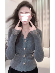 Slim Fit Knitted Lace Patchwork V-neck Open Cardigan Womens Fashionable Elegant Spring Autumn Top Korean Style Regular Sleeve