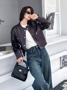 Sweet Cool Style Short PU Leather Jacket Womens Black Purple Hong Kong Style Street Fashion Autumn New Arrival Commute Loose Fit