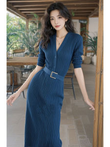 Stunning Dark Navy Knitted Dress Womens Formal Occasion High Waist A-Line Skirt Luxury Sensation New 2025 Autumn Fashion