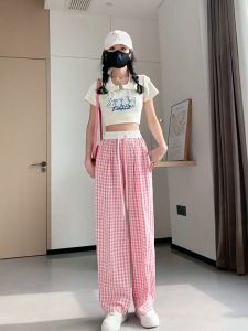 สีชมพูลายสก๊อตกางเกงผู้หญิงฤดูร้อนบาง 2024 ใหม่เอวสูงกางเกงขากว้างบางตรงกางเกง