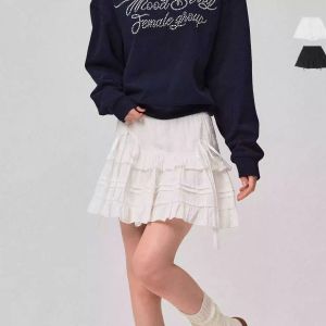 Moodberry American Style Preppy Style White Lace Cake Dress Short Skirt Womens Autumn Elastic Waist A- line Overall Dress