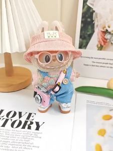 17cm Labubu kain Doll pakaian loket Cute Cartoon Suspenders Suit Tiva pakaian kasut Model Dolls aksesori untuk  mainan