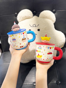 Cute Cartoon Ceramic Mugs with Lids Couple Drinking Cups High Aesthetic Creative Birthday Gifts Souvenir Water Cups